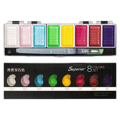 Picture of সুপিরিয়র ওয়াটার কালার কেক পেইন্ট 8 মেটালিক, পার্ল এবং পিগমেন্টেড কালার বক্স সাথে 1 পিস ওয়াটার ব্রাশ পেন প্রফেশনাল ওয়াটার কালার পেইন্টিংয়ের জন্য