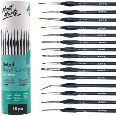 Picture of Mont Marte Signature Detail Brush Collection, 15 Piece, Taklon Bristles, Suitable for Acrylic, Oil, Watercolor and Gouache Paints, Includes Storage Bag