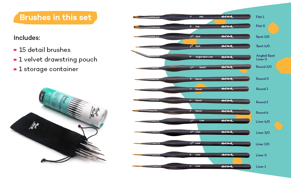 Picture of Mont Marte Signature Detail Brush Collection, 15 Piece, Taklon Bristles, Suitable for Acrylic, Oil, Watercolor and Gouache Paints, Includes Storage Bag