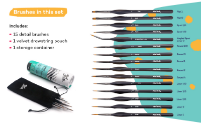 Picture of Mont Marte Signature Detail Brush Collection, 15 Piece, Taklon Bristles, Suitable for Acrylic, Oil, Watercolor and Gouache Paints, Includes Storage Bag