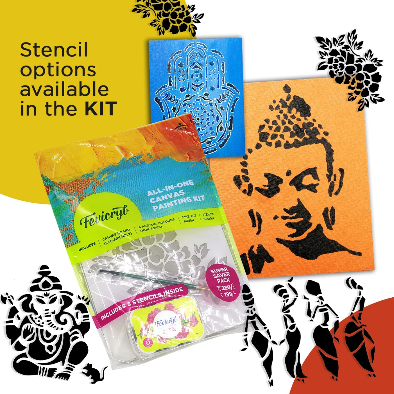 Picture of Fevicryl All In One Artist Canvas Kit (1 Canvas, 1 Brush, 1 Acrylic Colour Kit, Stencils), DIY Kit , Painting Gift Set for Artists, Students