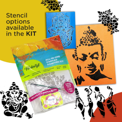 Picture of Fevicryl All In One Artist Canvas Kit (1 Canvas, 1 Brush, 1 Acrylic Colour Kit, Stencils), DIY Kit , Painting Gift Set for Artists, Students
