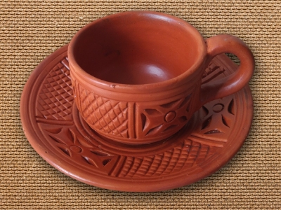 Picture of Clay Cup.  Clay Tea Cup with prece. Matir cup. Matir Tea cup. Handmade. Organic .Clay Tea Cup.   Dinner set. matir cup with price. one  cup & one  prese .  By  Mallik trading