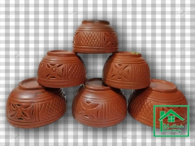 Picture of pottery soup bowl set, Clay soup bowl. pottery items .Clay soup Bowl Set. Clay Round soup Bowl Set. Matir Handcrafted Clay Earthen soup Bowl. Matir Round Curry soup Set. 6 piece set. By Mallik trading