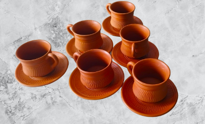 Picture of Clay cup set, Clay Tea Cup. Matir cup. Matir Teacup. Handmade. Organic.Clay Tea Cup.  Master cup set.  6 pieces cups with press  plate