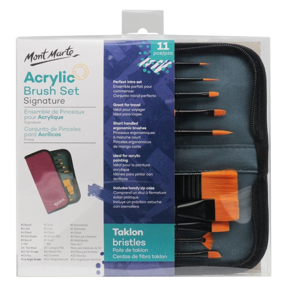 Picture of Mont Marte Signature Paint Brush Set - Acrylic Taklon Bristle In Wallet 11pc