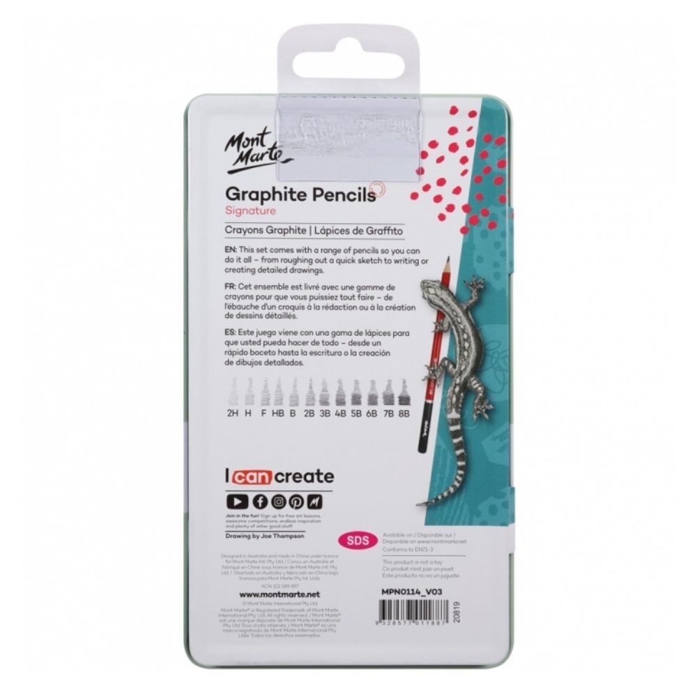 Picture of Mont Marte Graphite Pencils with metal box 12pc 2H, H, F, HB, B, 2B, 3B, 4B, 5B, 6B, 7B, 8B