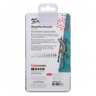 Picture of Mont Marte Graphite Pencils with metal box 12pc 2H, H, F, HB, B, 2B, 3B, 4B, 5B, 6B, 7B, 8B