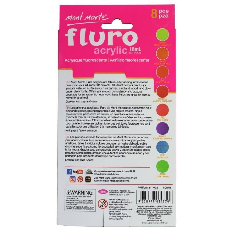 Picture of Mont Marte Acrylic Paint Fluro Glow  8pc x 18ml