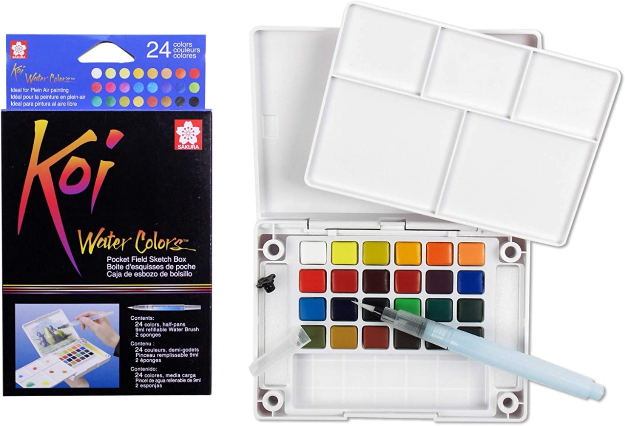 Picture of Sakura KOI, 24 Assorted Watercolors Field Sketch Set with Brush