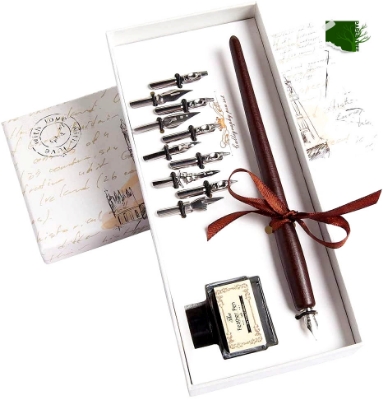 Picture of Calligraphy Pen Set Vintage Handcrafted Quill Dip Pen with Ink Smoothly Writing Wooden Pen with 6pcs Metal Nibs (Black inks)