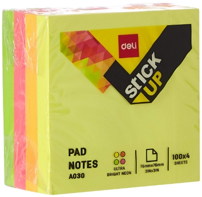 Picture of Deli EA03003 Bright Neon Sticky Notes Pad 400 Sheets