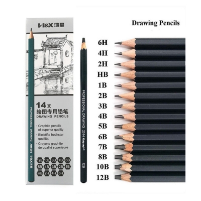 Picture of H&X Drawing Pencils 14pcs/set 12B, 10B, 8B, 7B, 6B, 5B, 4B, 3B, 2B, B, HB, 2H, 4H, 6H Graphite Sketching Pencils Professional Sketch Pencils Set for Drawing