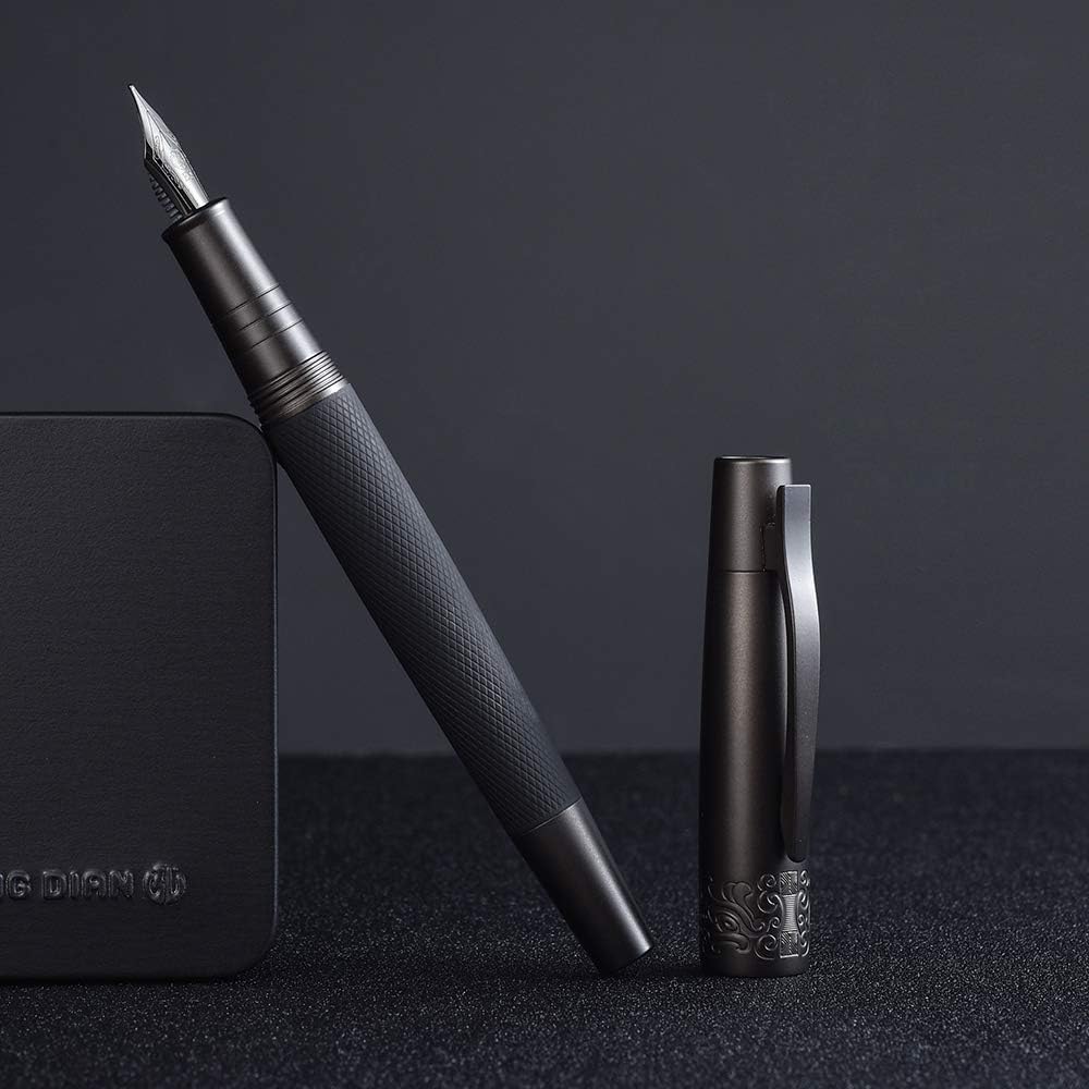 Picture of Hongdian 6013 Matte Black Fine Nib Fountain Pen with Metal Box Titanium Black Gift Pen Set