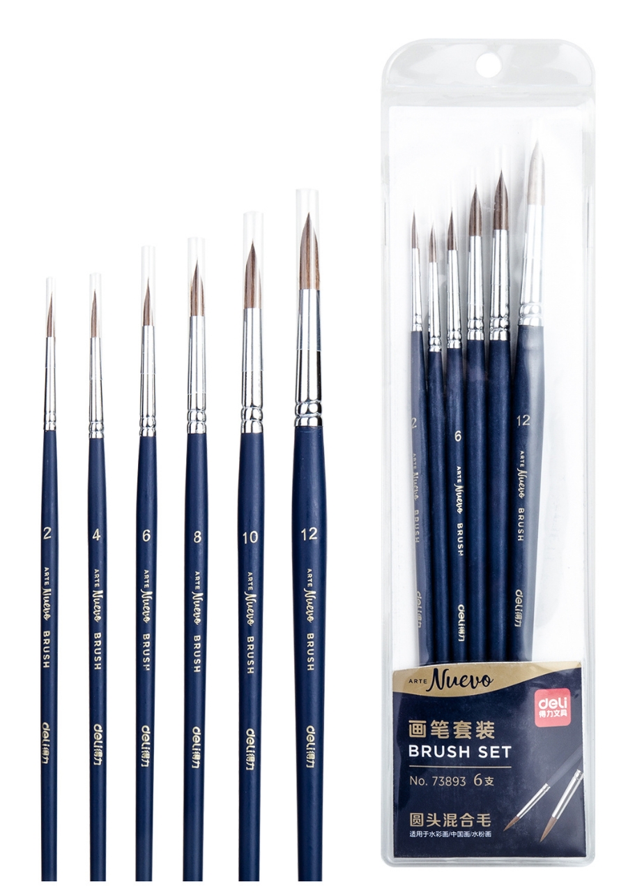 Picture of Deli 73893 Round Bristle Brush Set for Acrylics and Oil (Set of 6, Black)