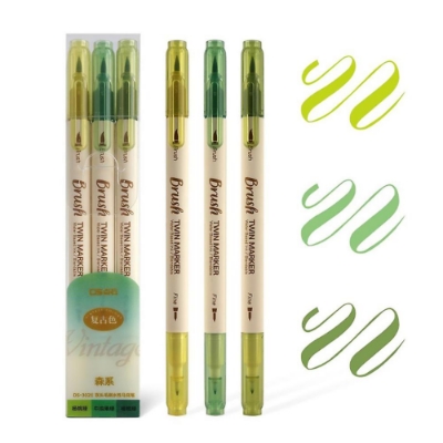 Picture of Retro color Brush Pens Set Dual side Fine Liner Water Based Ink 3PCS set  - Green