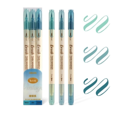Picture of Retro color Brush Pens Set Dual side Fine Liner Water Based Ink 3PCS set - Blue