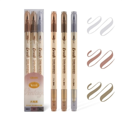 Picture of Retro color Brush Pens Set Dual side Fine Liner Water Based Ink 3PCS set -Brown