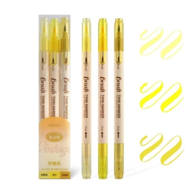 Picture of Retro color Brush Pens Set Dual side Fine Liner Water Based Ink 3PCS set - Yellow