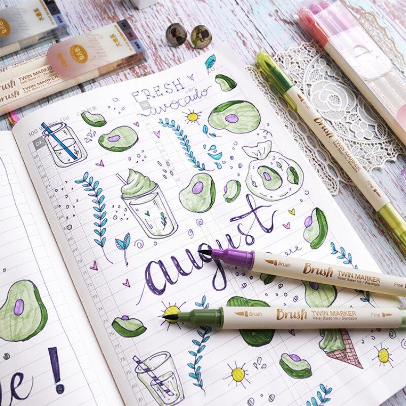 Picture of Retro color Brush Pens Set Dual side Fine Liner Water Based Ink 3PCS set - Yellow