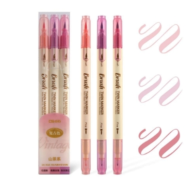 Picture of Retro color Brush Pens Set Dual side Fine Liner Water Based Ink 3PCS set - Purple