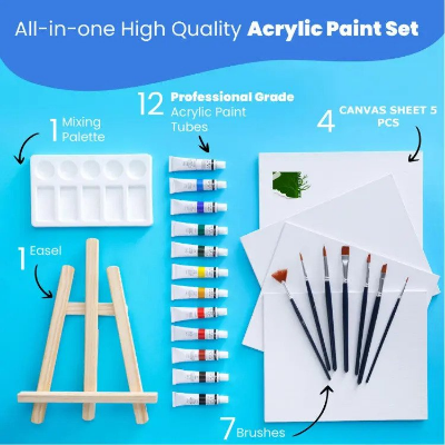 Picture of Acrylic color combo package canvas paper Acrylic color brush color palate and easel