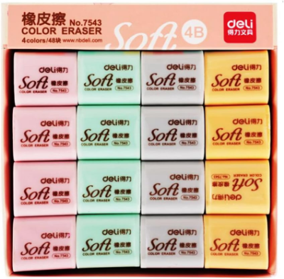 Picture of deli 7543 Soft 4B Rubber Pencil Erasers 3 Colors Draw Art Class Wipe Clean Safe Office  3 pcs