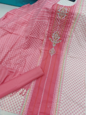 Picture of Premium Quality Cotton Embroidery Worked Printed Three Piece for Women Unstiched Skin Print 3 Piece New Gorgeous Salwar Kameez