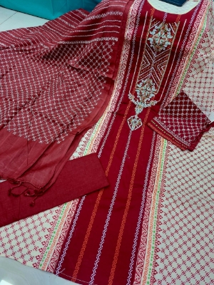 Picture of Premium Quality Cotton Embroidery Worked Printed Three Piece for Women Unstiched Skin Print 3 Piece New Gorgeous Salwar Kameez