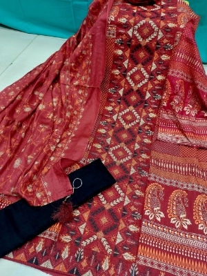 Picture of Premium Quality Cotton Embroidery Worked Printed Three Piece for Women Unstiched Skin Print 3 Piece New Gorgeous Salwar Kameez