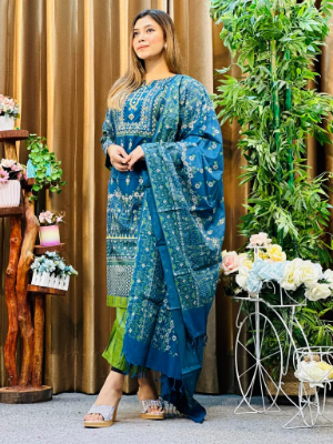 Picture of Premium Quality Cotton Embroidery Worked Printed Three Piece for Women Unstiched Skin Print 3 Piece New Gorgeous Salwar Kameez