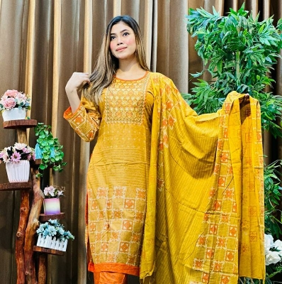 Picture of Premium Quality Cotton Embroidery Worked Printed Three Piece for Women Unstiched Skin Print 3 Piece New Gorgeous Salwar Kameez