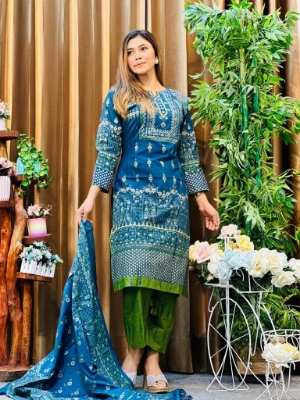 Picture of Premium Quality Cotton Embroidery Worked Printed Three Piece for Women Unstiched Skin Print 3 Piece New Gorgeous Salwar Kameez