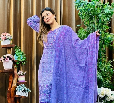 Picture of Premium Quality Cotton Embroidery Worked Printed Three Piece for Women Unstiched Skin Print 3 Piece New Gorgeous Salwar Kameez