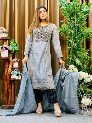 Picture of Premium Quality Cotton Embroidery Worked Printed Three Piece for Women Unstiched Skin Print 3 Piece New Gorgeous Salwar Kameez