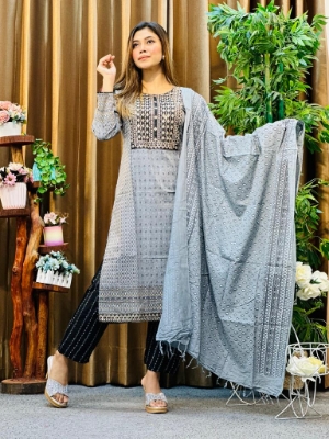 Picture of Premium Quality Cotton Embroidery Worked Printed Three Piece for Women Unstiched Skin Print 3 Piece New Gorgeous Salwar Kameez