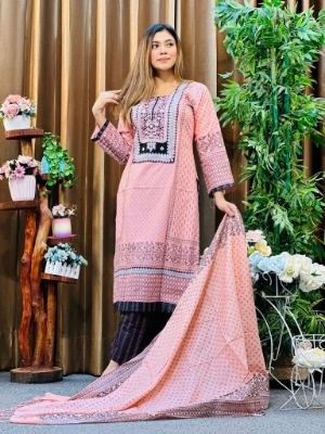 Picture of Premium Quality Cotton Embroidery Worked Printed Three Piece for Women Unstiched Skin Print 3 Piece New Gorgeous Salwar Kameez