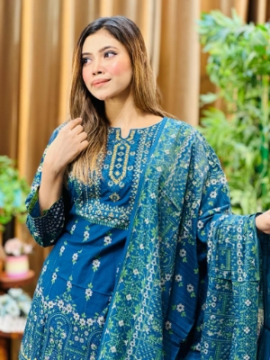 Picture of Premium Quality Cotton Embroidery Worked Printed Three Piece for Women Unstiched Skin Print 3 Piece New Gorgeous Salwar Kameez