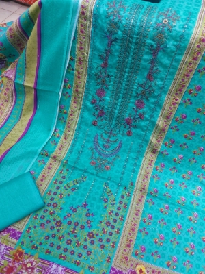 Picture of Unstitched Printed Bin Said Boutiques Embroydry Worked Cotton Latest Designed Three Piece Salwar Kameez for Women