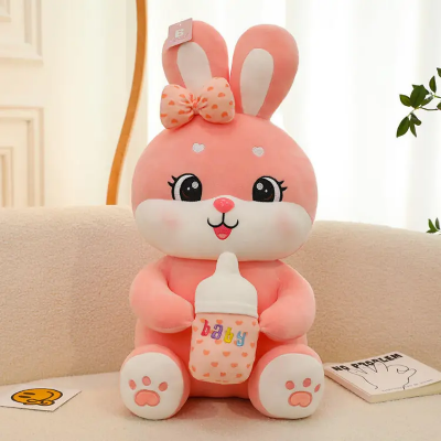 Picture of Large Baby Bottle Rabbit Plush Toy Bow Hold Baby Cute Super Soft Rabbit Doll