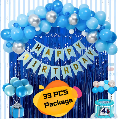 Picture of Happy Birthday Decoration Combo Pack – Blue Backdrop Foil Curtain, Light Blue Paper Birthday Banner With Metallic Balloons (Blue, Silver