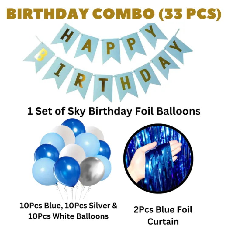Picture of Happy Birthday Decoration Combo Pack – Blue Backdrop Foil Curtain, Light Blue Paper Birthday Banner With Metallic Balloons (Blue, Silver