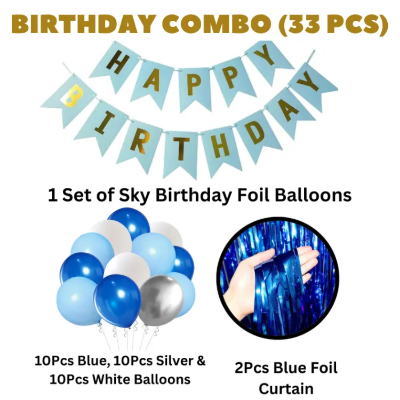 Picture of Happy Birthday Decoration Combo Pack – Blue Backdrop Foil Curtain, Light Blue Paper Birthday Banner With Metallic Balloons (Blue, Silver