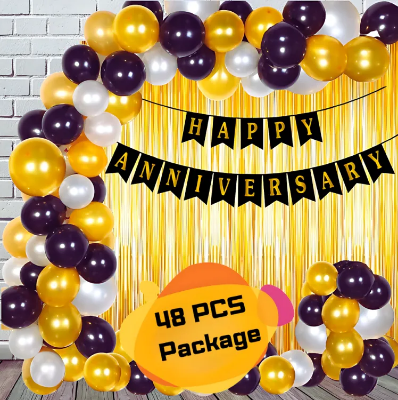 Picture of Happy Anniversary Decoration Combo Pack - Golden Curtains Backdrop, Metallic Balloons (Golden, Black & White) With Black Happy Anniversary Paper (48 Pcs Package)