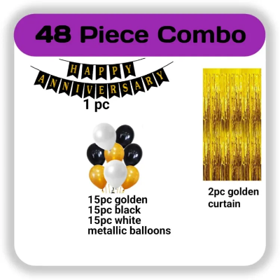 Picture of Happy Anniversary Decoration Combo Pack - Golden Curtains Backdrop, Metallic Balloons (Golden, Black & White) With Black Happy Anniversary Paper (48 Pcs Package)