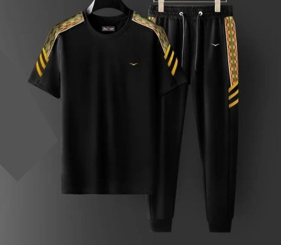 Picture of Express Style with Ease in Black Color Stylist Printed Cotton Half Sleeve T-Shirt & Full Pant Set for Men