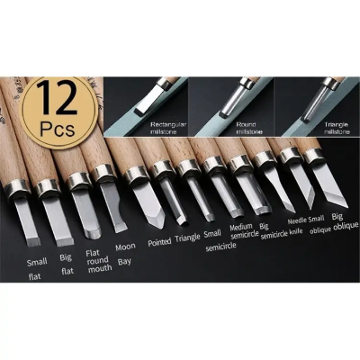 Picture of 12 পিস চায়না স্টিল কাঠের কাট হাতের কাঠের খোদাই করা ছুরির কাটার সেট বক্স সহ