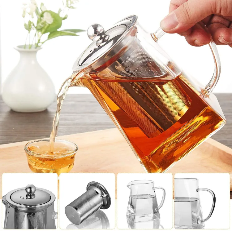 Buy 500ml & 900ml Square Glass Teapot for One with Heat Resistant Stainless Steel Infuser, Perfect for Tea and Coffee, Clear Leaf Teapot with Strainer Lid Gift for Your Family or Friends (Clear) at Best Price In Bangladesh