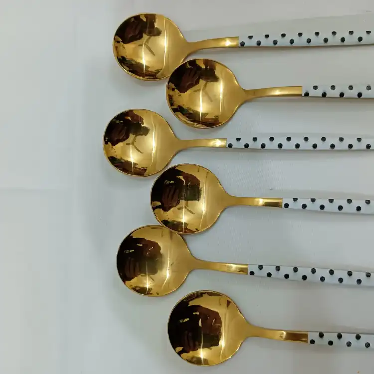 Buy Stainless golden color  Steel Soup Spoon,Korean Dessert Spoon,Polka Dot printed Color Spoon for Home, Kitchen or Restaurant, Set of 4 Colour Polka Dot printed Soup Spoons, 13cm at Best Price In Bangladesh