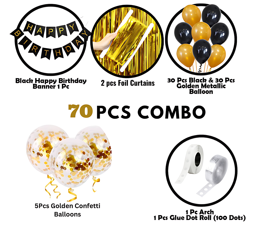Picture of Birthday Decoration Combo Pack- Black Paper Birthday Banners, Golden Foil Curtains, Golden & Black Metallic Balloons, Golden Confetti Balloons and Balloon Garland Arch With Glue Dot Tape Decorations Full Package- (Pack of 70 Pcs)
